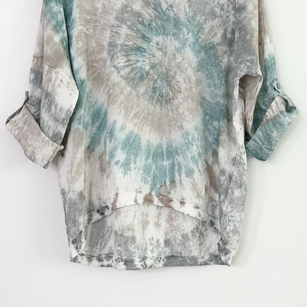 Kaktus Size Large 100% Linen Made in Italy Tie Dye Roll Tab Sleeve V-Neck Top - Picture 4 of 14